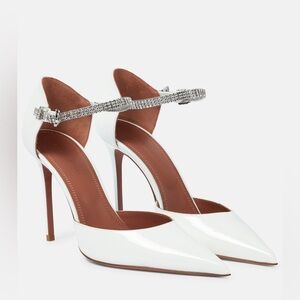 Amina Muaddi White Leather Ursina Pumps - Crystal Ankle Strap - Size 35 US 5